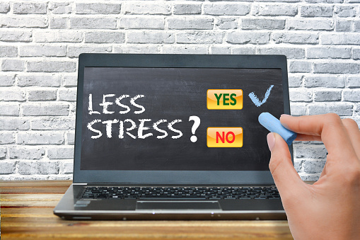 Less stress at job, yes and no options on laptop screen with blackboard effect