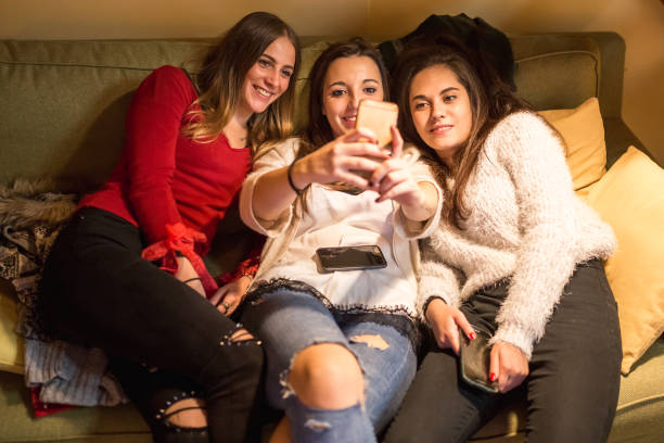 istock Young women on sofa take a selfie 855835838
