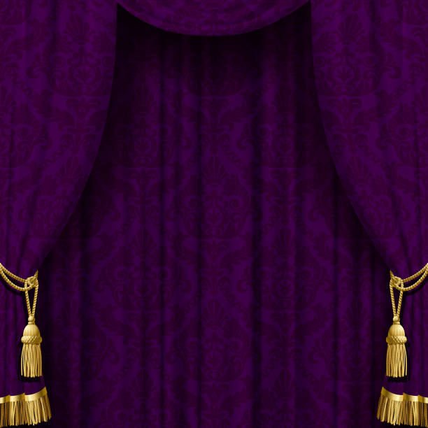 Dark violet curtain with gold tassels Dark violet curtain with gold tassels. Square retro theater background. Artistic poster. Vector Illustration curtain illustrations stock illustrations