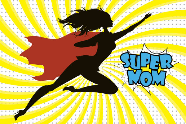 illustrazioni stock, clip art, cartoni animati e icone di tendenza di super hero mommy silhouette e testo in stile comico retrò - cape merry