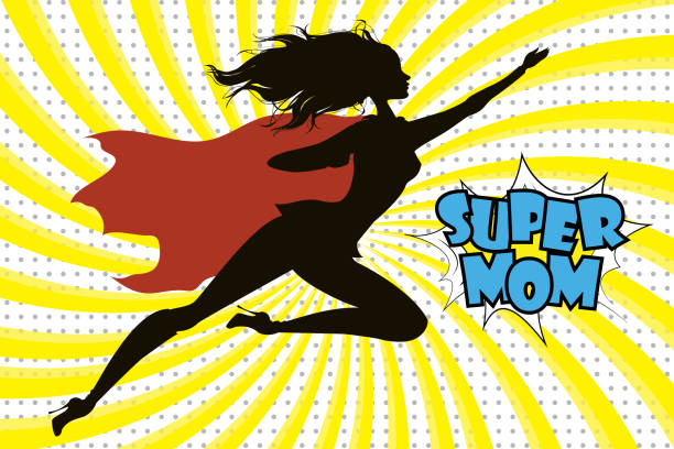 ilustrações, clipart, desenhos animados e ícones de super herói mamãe silhueta e texto em estilo retro em quadrinhos - cape merry