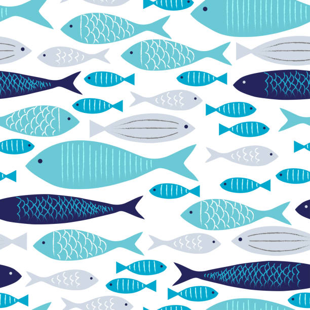 ilustraciones, imágenes clip art, dibujos animados e iconos de stock de patrón transparente de peces azules y grises con fondo blanco. - pez