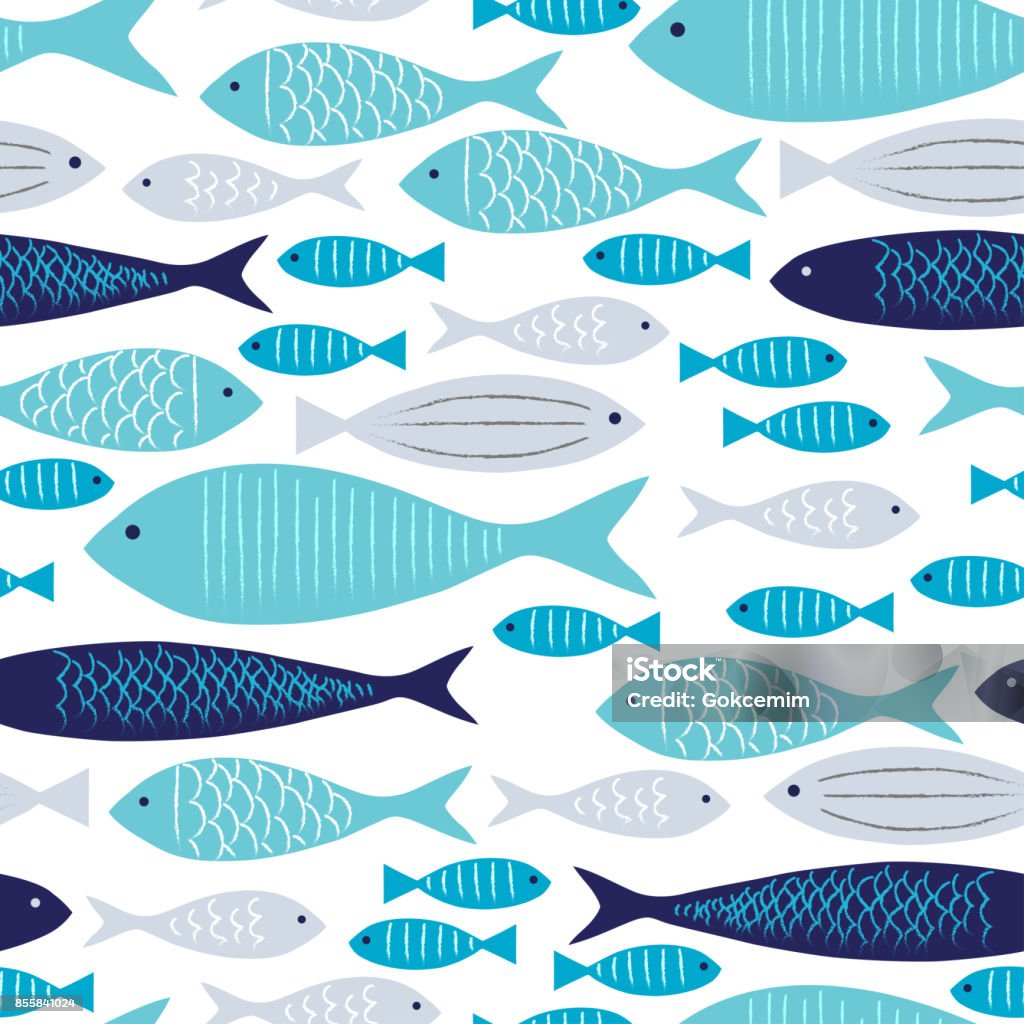 Peixes de azul e cinza padrão sem emenda com fundo branco. - Vetor de Peixe royalty-free