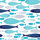 istock Blue and Gray Fishes Seamless Pattern with White Background. 855841024