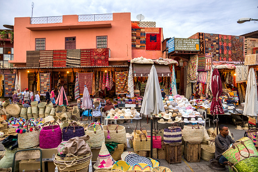 MARRAKECH, MOROCCO - APR 28, 2016: Berber market selling textile in the souks of Marrakesh.