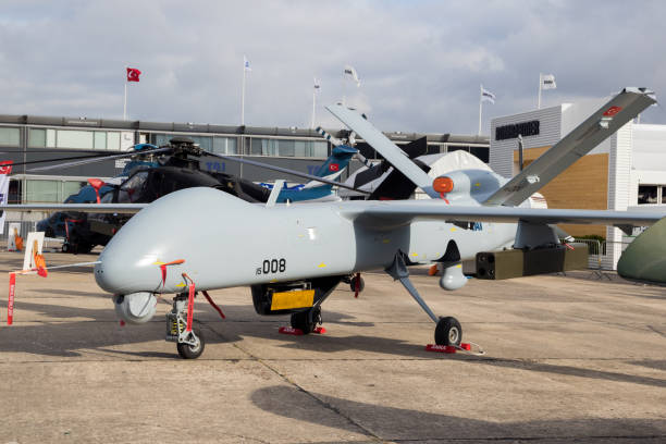PARIS, FRANCE - JUN 23, 2017: Turkish Aerospace Industries (TAI) Anka medium-altitude, long-endurance military UAV drone at the Paris Air Show 2017