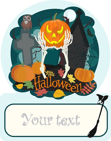 Vector greeting card for Halloween with skeleton hands holding pumpkin in the cemetery, owl and bat, foliage and place for greeting or invitation lettering.