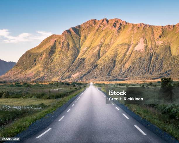 Straight Asphalt Road With Mountain Landscape Against Blue Sky In Lofoten Norway Stock Photo - Download Image Now