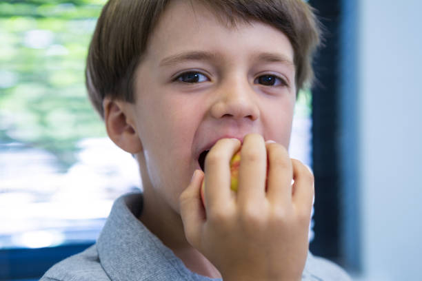 istock Portrait of boy eating apple 855855724