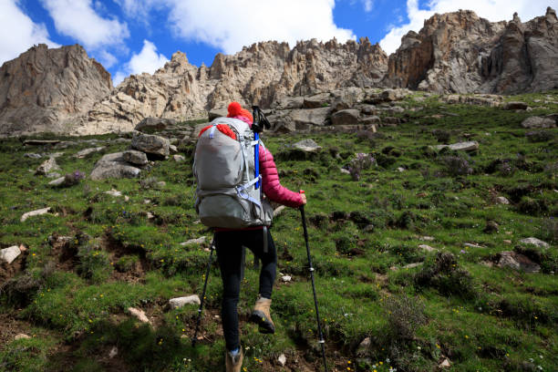 istock woman with backpack hiking in mountains 855856658