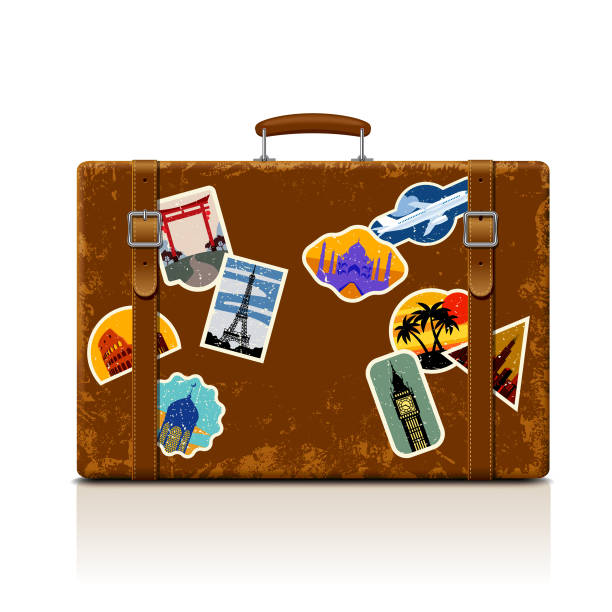 illustrazioni stock, clip art, cartoni animati e icone di tendenza di valigia logora marrone vintage con collezione di etichette retrò grunge vacation & travel - valigia