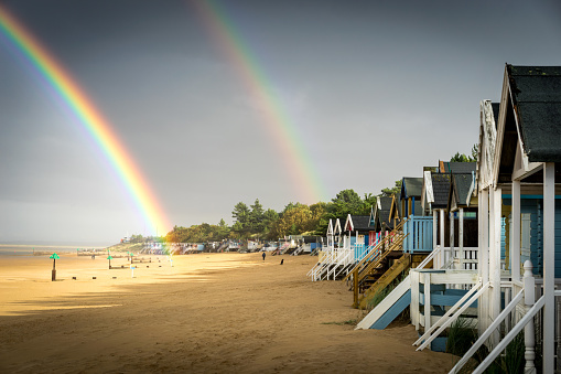 Double rainbow over the beach at the East Anglian resort town of Wells-next-the-Sea, Norfolk, UK