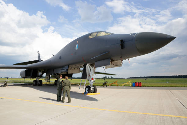 US Air Force B-1B Lancer bomber plane BERLIN, GERMANY - JUNE 2, 2016: US Air Force strategic bomber B-1B Lancer on display at the Exhibition ILA Berlin Air Show 2016 b1 bomber stock pictures, royalty-free photos & images
