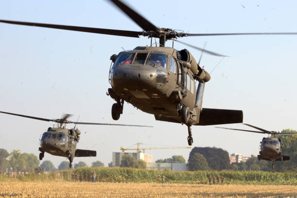 US Army Black Hawk helicopters GRAVE, NETHERLANDS - SEP 17: American Black Hawk helicopters take off at the Operation Market Garden memorial on Sep 17, 2014 Grave, Netherlands. Market Garden was a large Allied operation in 1944. blackhawk stock pictures, royalty-free photos & images