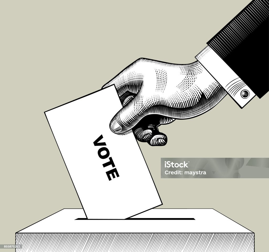 Poner papel de voto en la urna a mano. Vintage grabado dibujo estilizado - arte vectorial de Votar libre de derechos