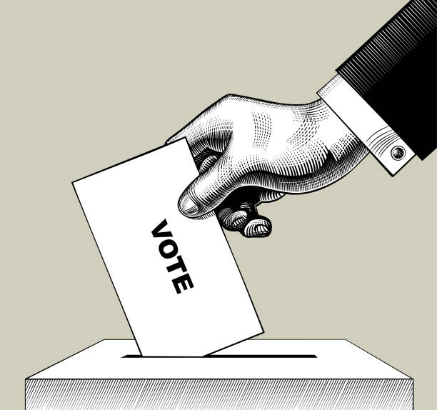 ilustraciones, imágenes clip art, dibujos animados e iconos de stock de poner papel de voto en la urna a mano. vintage grabado dibujo estilizado - voting election ballot box box