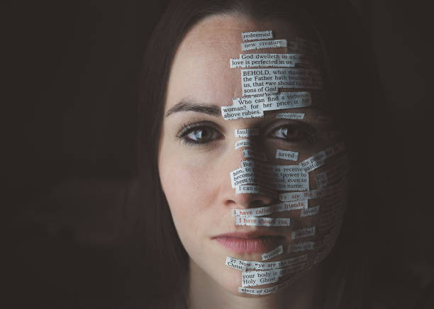 Bible verses on woman's face Woman with Bible verses attached to her skin. verses stock pictures, royalty-free photos & images