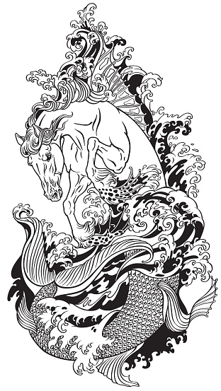 mythological sea horse hippocampus or hippocamp.  Black and white tattoo vector illustration