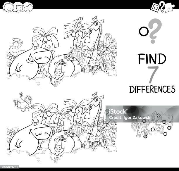 Spot The Difference With Animals Coloring Book Stock Illustration - Download Image Now - Black And White, Coloring, Puzzle
