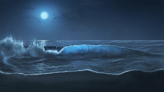 Beautiful moonlit waves on a peaceful beach. 3D illustration.