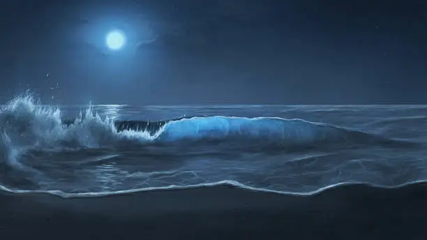 Beautiful moonlit waves on a peaceful beach. 3D illustration.