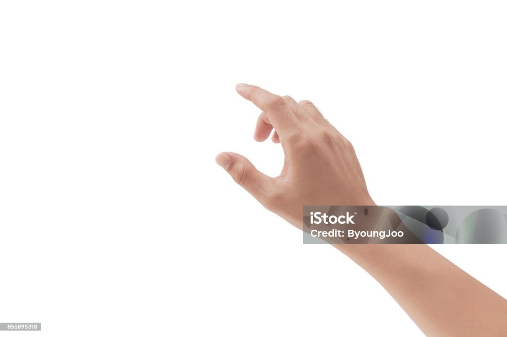 a hand touching something like a button or display device on white backgrounds, isolated Cut Out Stock Photo