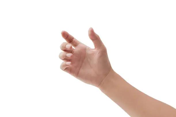 Photo of a hand holding something like a bottle or smartphone on white backgrounds, isolated