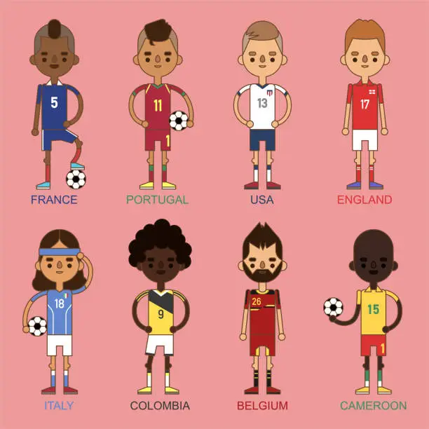 Vector illustration of National Euro Cup soccer football teams vector illustration and world game player captain leader in uniform sport men isolated characters