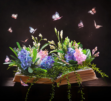 An open Bible with beautiful flowers and butterflies coming off the pages