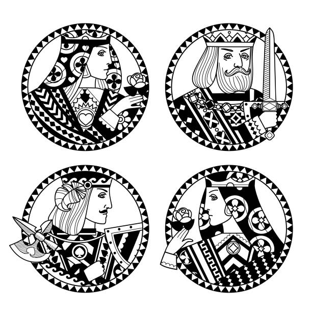 Round shapes with faces of playing cards characters in black and white colors. Original vintage design for 