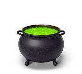 Cauldron with green boiling bubble poison. Object for Halloween, horror or fantastic themes