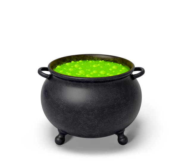 Cauldron with green boiling bubble poison. Object for Halloween, horror or fantastic themes Cauldron with green magic boiling charmful bubble potion or fairy witching toxic poison soup. Object for Halloween, horror or fantastic themes. 3d rendering illustration cauldron stock pictures, royalty-free photos & images