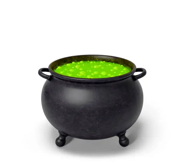 Photo of Cauldron with green boiling bubble poison. Object for Halloween, horror or fantastic themes