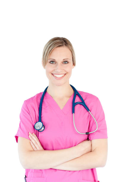 istock Bright female surgeon against a white background 855917956
