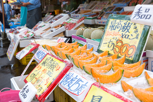 Hakodate Japan - August 25 2017: Hokkaido melon at Hakodate Morning Market ( Nijo Market ), Hokkaido, Japan