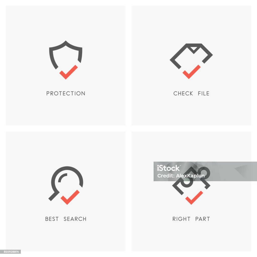 Check mark set 03 Check mark set. Shield, document or file, magnifying glass and puzzle piece with tick or checkmark symbol - protection and defense, agreement, search and jigsaw part icons. Shielding stock vector