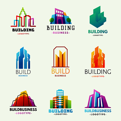 Skyscrapers buildings logo tower office label city architecture house badge business apartment vector illustration. Modern cityscape construction exterior urban downtown design.