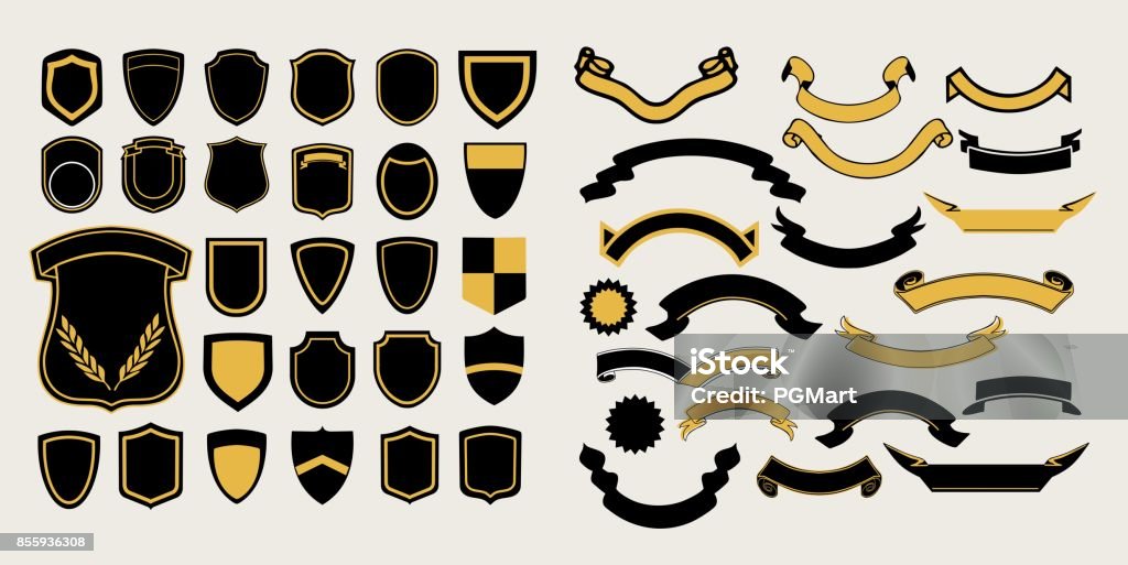 Mega un ensemble de modèles. Chevrons et rubans pour la conception de logos, emblèmes et étiquettes - clipart vectoriel de Armoiries libre de droits