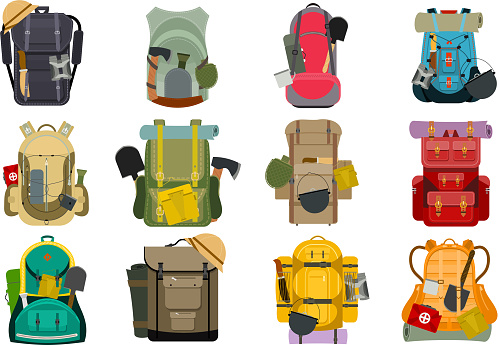 Backpack rucksack travel tourist knapsack in flat style hiking traveler backpacker baggage luggage vector illustration. Outdoor journey equipment backpacking.