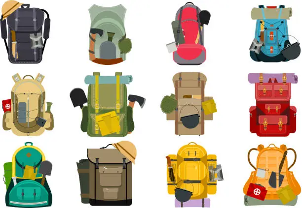 Vector illustration of Backpack rucksack travel tourist knapsack outdoor hiking traveler backpacker baggage luggage vector illustration