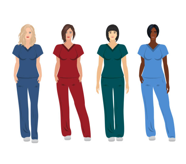 Female doctors in different poses Vector set of caucasian, asian and black female doctors wearing scrubs red medical scrubs stock illustrations