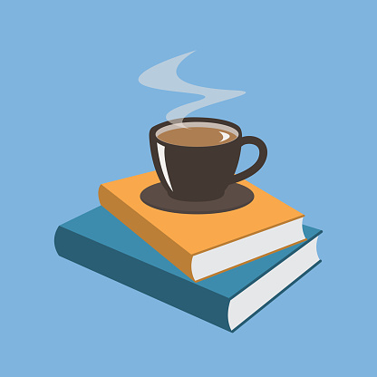 Book and Hot Coffee Flat Design Blue background