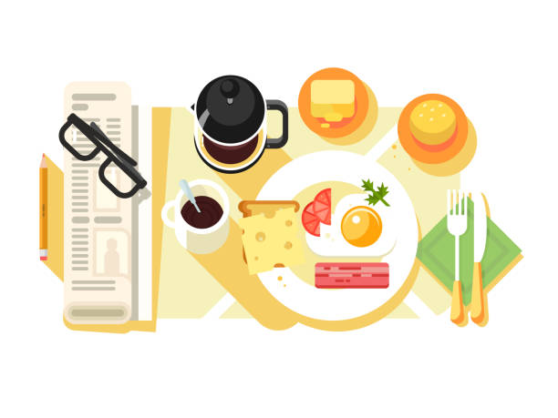 ilustrações de stock, clip art, desenhos animados e ícones de breakfast fried eggs and coffee design flat - coffee top view
