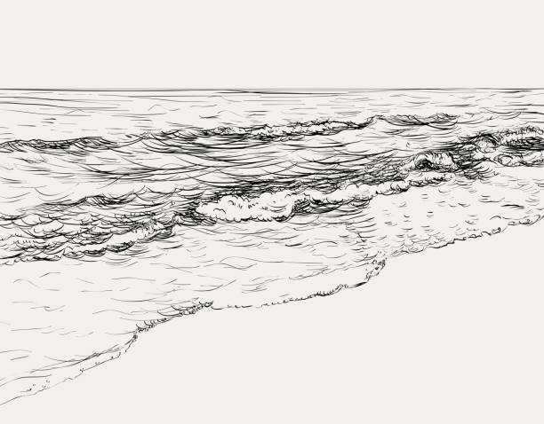 Summer seascape sketch Vector summer seascape sketch. Seaside view and beach wave water drawings stock illustrations