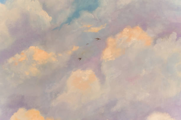painting with oil paints, the sky with birds.