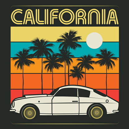 Retro illustration of old classic car, poster with text California, vector illustration