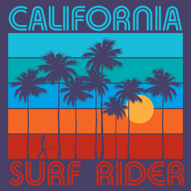 illustrazioni stock, clip art, cartoni animati e icone di tendenza di tema del surf con testo california, surf rider - retro theme