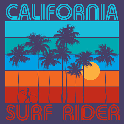 Theme of surfing with text California, Surf Rider. Typography, t-shirt graphics, poster, print, banner or postcard, vector illustration