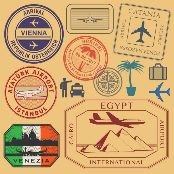 ilustrações, clipart, desenhos animados e ícones de tema de aeroporto conjunto de selos ou símbolos de viagem - global business passport transportation italy