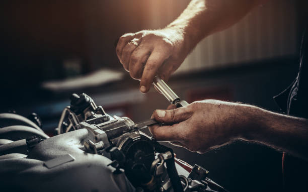 istock Repairing V10 engine in auto repair shop 855946444